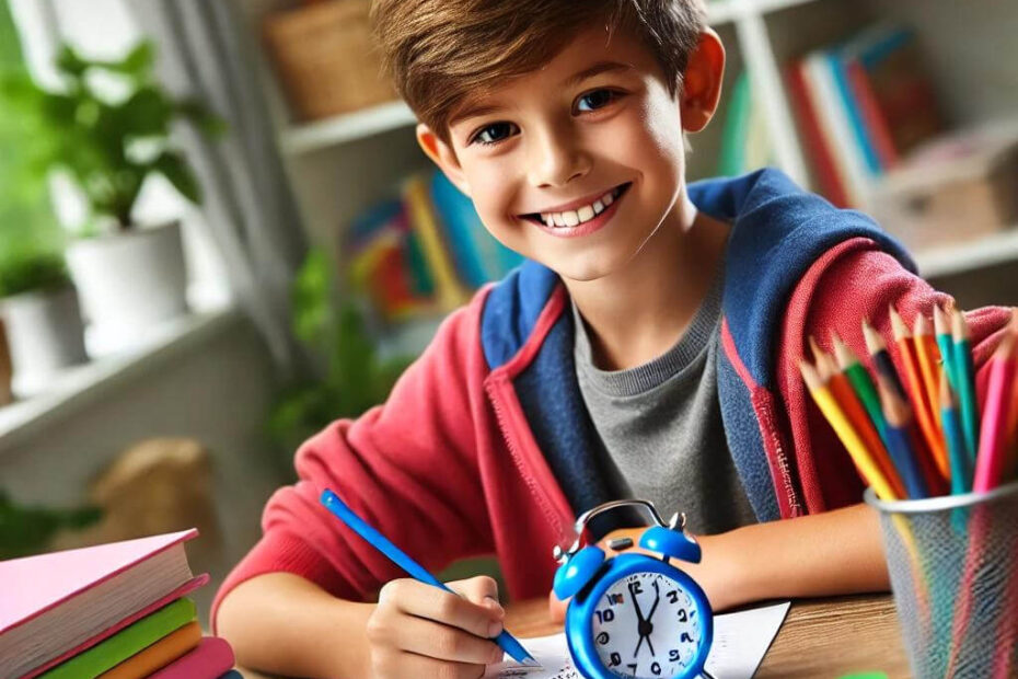 Cheerful child using a timer while studying