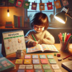 A study scene featuring a young child happily revising at a desk. The child is surrounded by colorful flashcards, with a calenda