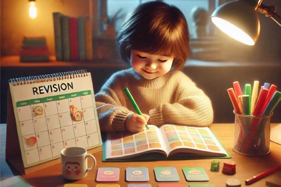 A study scene featuring a young child happily revising at a desk. The child is surrounded by colorful flashcards, with a calenda