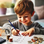 Cheerful child solving a money problem on paper with coins and notes scattered around