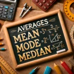 The image features a chalkboard with the words 'Mean, Mode, Median'