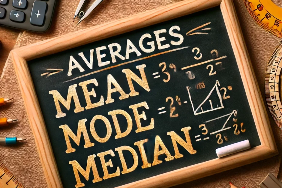 The image features a chalkboard with the words 'Mean, Mode, Median'